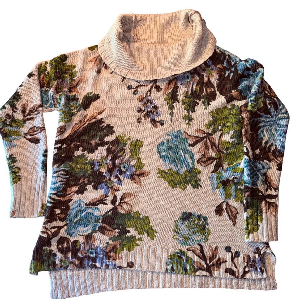 J. Jill Womens XS Petite Beige Floral Cowl Neck Sweater Cotton Viscose Knit